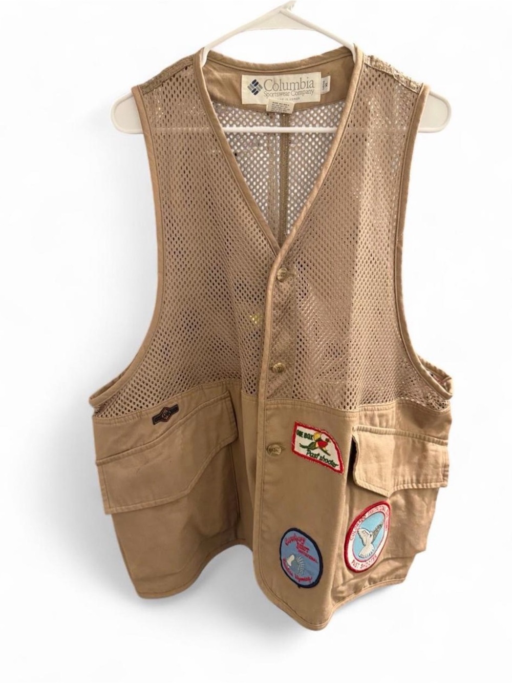 Vintage Columbia Mesh Shooting Vest Mens XL Tan Khaki Hunting Patches Dove Hunt